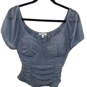 Stitch & Pine Steel Blue Ruched Mesh Puff Sleeve Blouse
